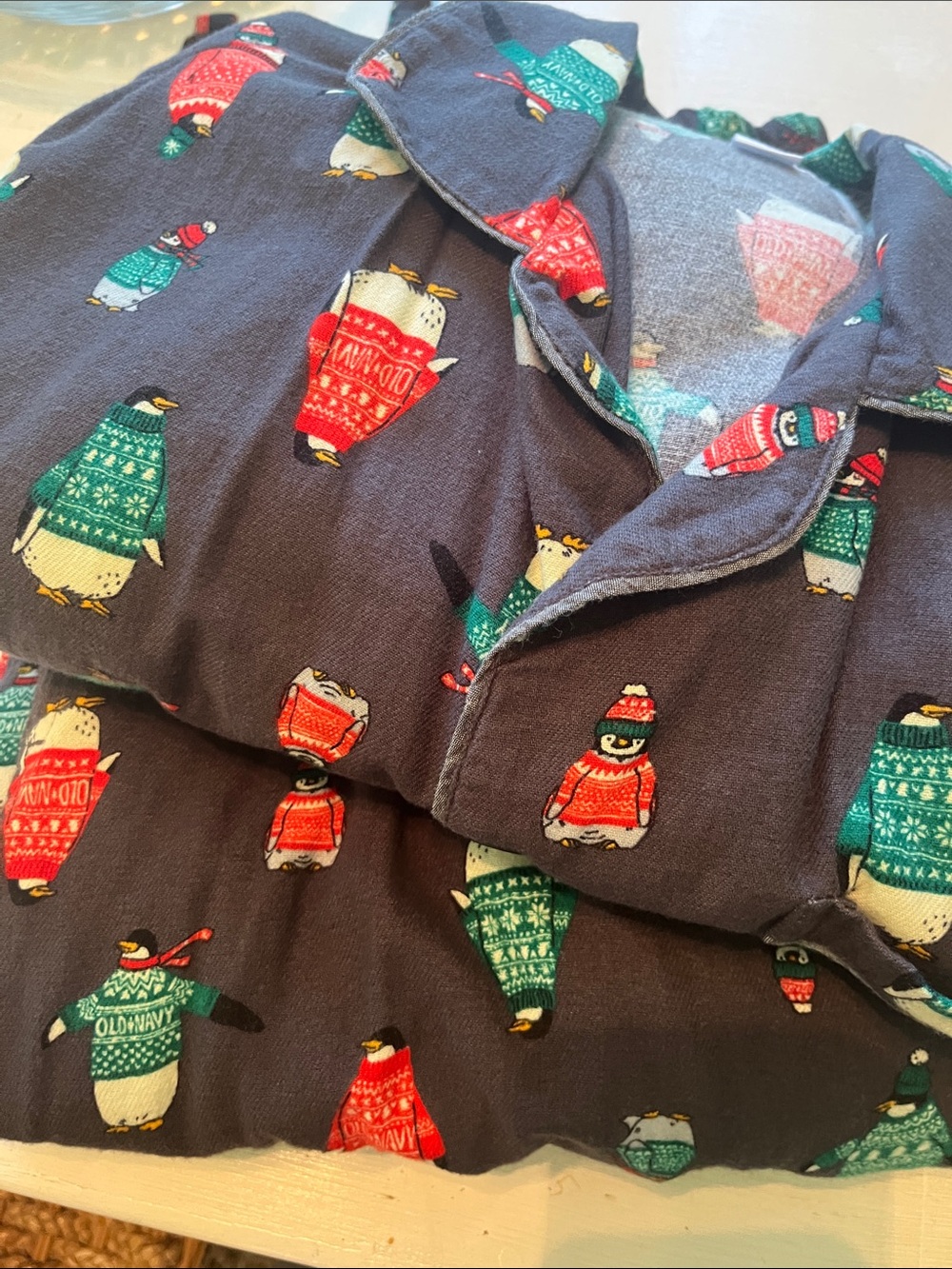 Old Navy Navy Penguin Print Pajama Set with Red & Green Accents
